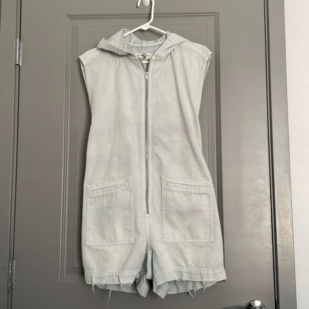 Free people denim romper with hood